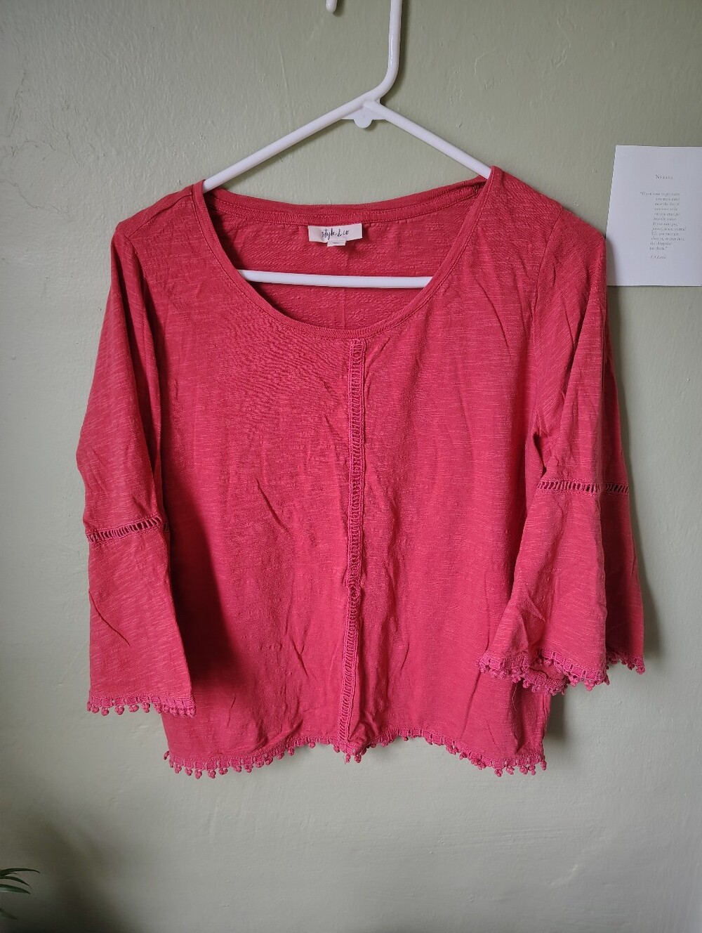 ☀️5/$25☀️ Style & Co. Women's Medium Pink Crochet-Trim Scoop Neck Boho Top